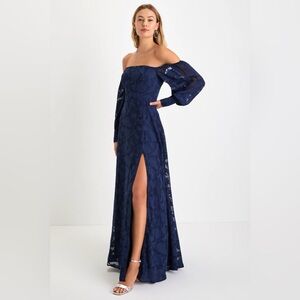 Lulus Radiantly Stunning Navy Blue Burnout Off-the-Shoulder Maxi Dress - XS